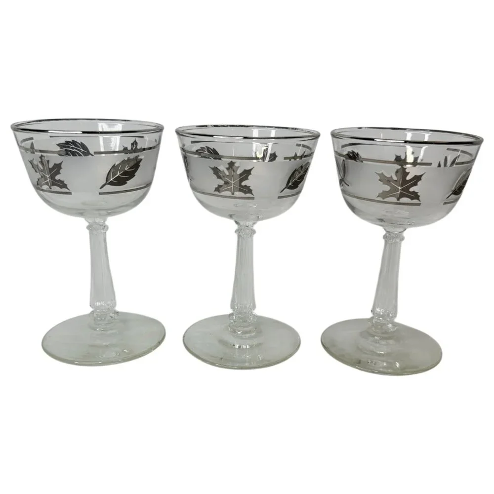 3 Vintage Libbey Silver Leaf Frosted Liquor Coctail Glasses Set 5‎ Inch